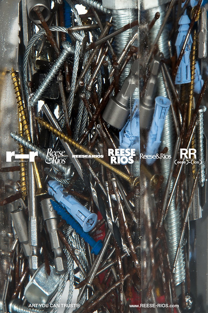 A dense pile of metal nails, screws, bolts and blue plastic wall plugs. Various versions of the “Reese & Rios” logo are laid over the centre of the image.
