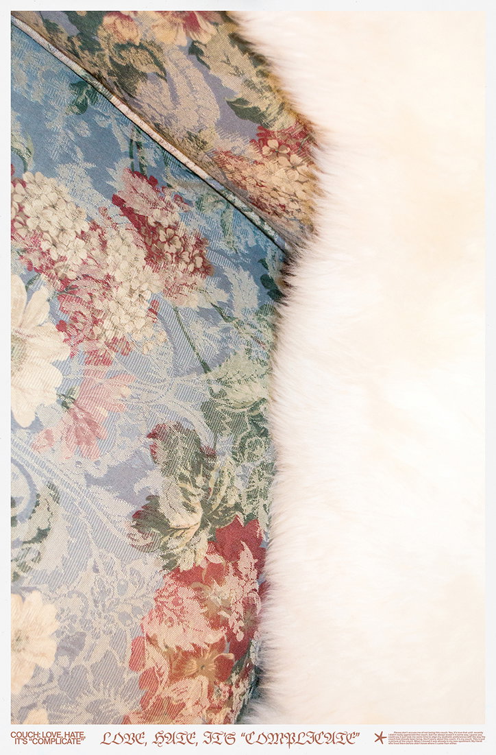 A close-up of a blue floral fabric draped next to a white faux-fur material. Text at the bottom reads “Couch Love Hate It’s ‘Complicate’” and “Love, Hate, It’s ‘Complicate’”.