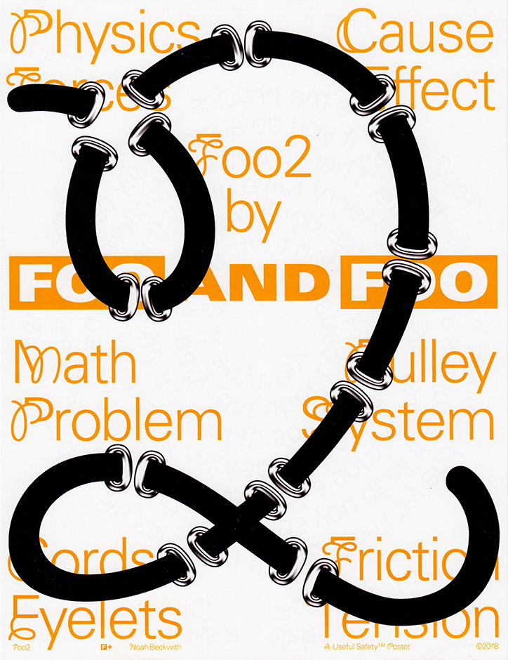 A graphic design featuring a thick black cord threaded through silver metal eyelets. The cord forms a large, abstract loop over a white background filled with orange text, including words like “Physics”, “Cause”, “Effect” and “Math Problem”.