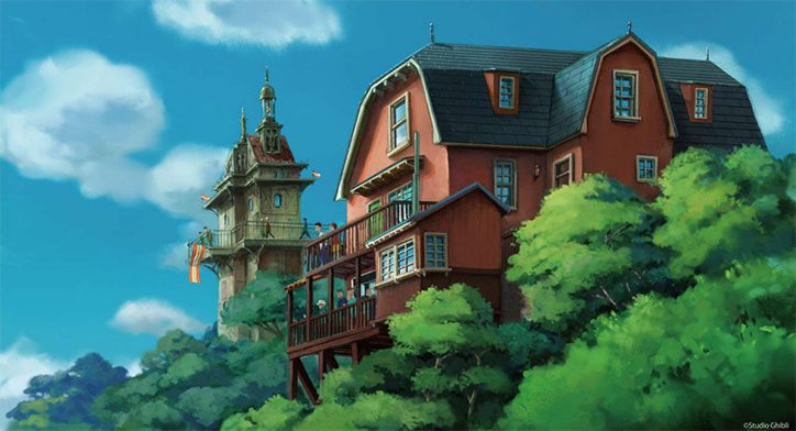 An illustration of two rustic buildings perched on a lush, green hillside under a bright blue sky. A larger red house with a dark grey roof sits in the foreground, while a tall, ornate tower stands behind it.