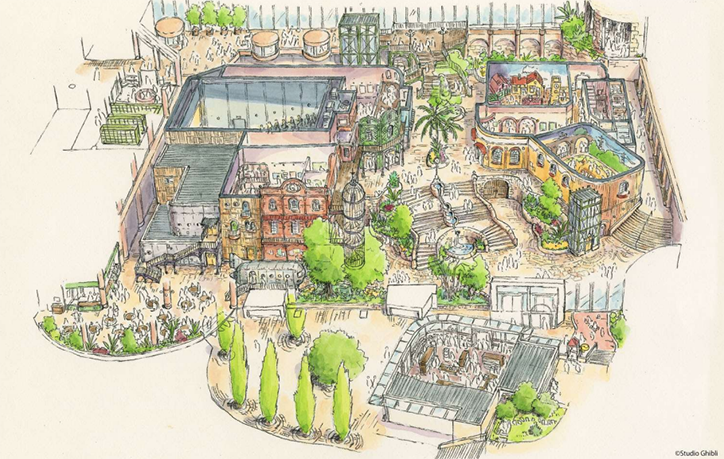 An illustration of a bustling open-air plaza filled with people, featuring a mix of traditional and modern architecture. Greenery and palm trees are scattered throughout the space, which is surrounded by tiered galleries and walkways.
