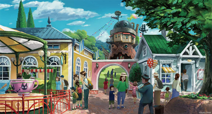An illustration of a bustling town square with people walking between colourful buildings. In the background, a large, whimsical tower with a dome top rises above the rooftops under a bright blue sky.