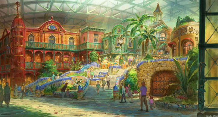 A digital painting of a bustling, whimsical indoor plaza under a vast glass ceiling. People wander between colourful, eclectic buildings and stone staircases entwined with lush tropical plants.