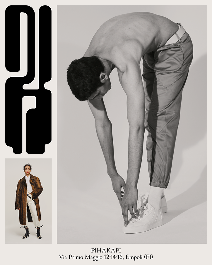 A collage featuring a shirtless person bending over to tie the laces of a white sneaker. To the left, a smaller image shows a person wearing a long brown coat and white trousers, alongside a bold black abstract graphic. Text at the bottom reads “Pihakapi” and “Via Primo Maggio 12-14-16, Empoli (FI)”.