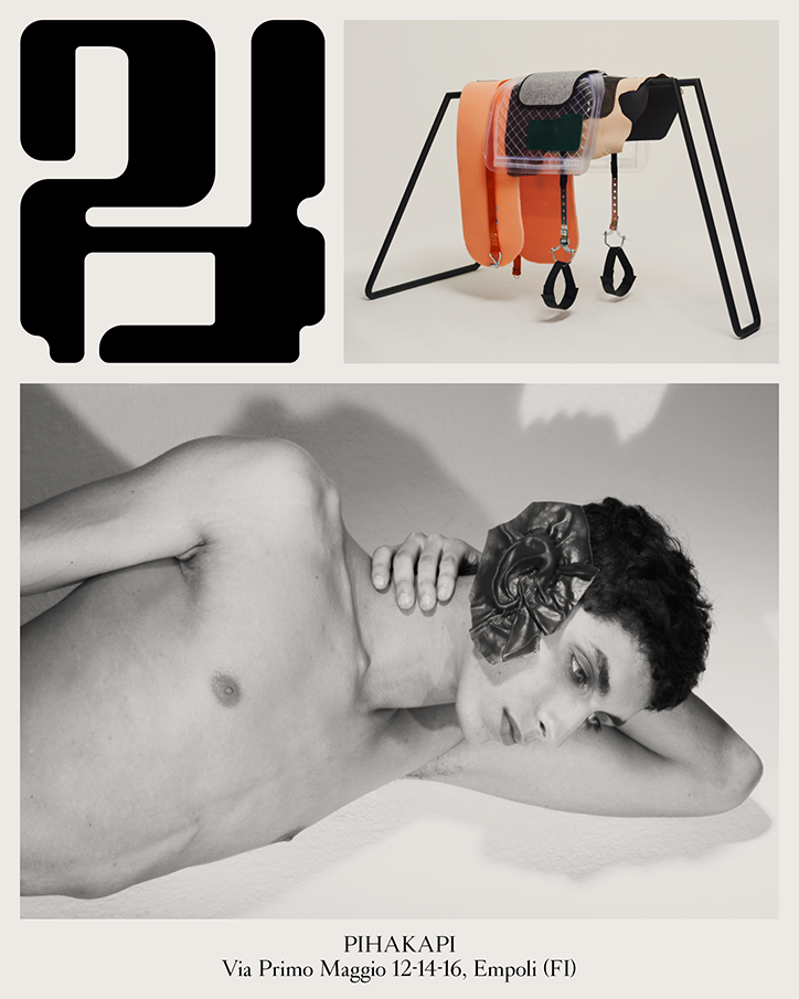 A collage featuring a bold black graphic logo, a display of colourful bags on a metal rack, and a black and white photograph of a person. The person lies on their side, wearing a sculptural headpiece. Text at the bottom reads “PIHAKAPI” and “Via Primo Maggio 12-14-16, Empoli (FI)”.