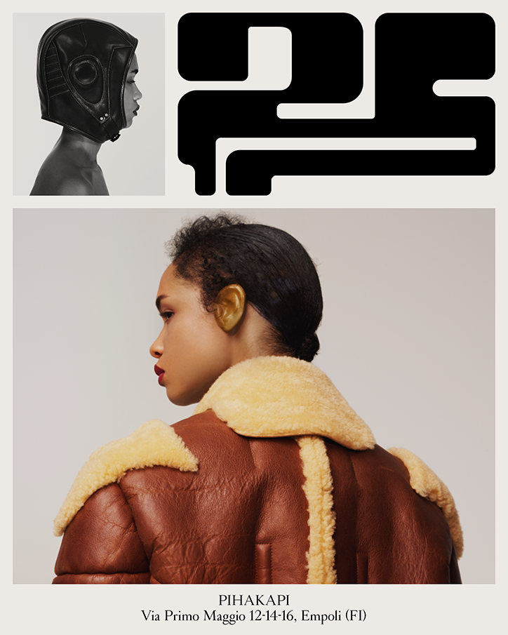 A collage featuring a person in a brown shearling jacket looking over their shoulder. Above them is a black and white profile of a person wearing a leather headpiece, alongside a bold black abstract graphic. Text at the bottom reads “PIHAKAPI” and “Via Primo Maggio 12-14-16, Empoli (FI)”.