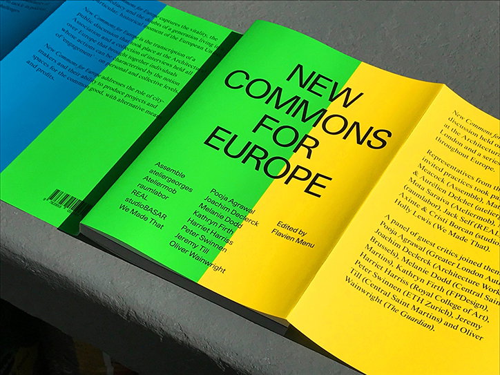 A bright green and yellow book titled “New Commons for Europe”, edited by Flavian Menu. The cover lists various contributors, including Assemble and Central Saint Martins.
