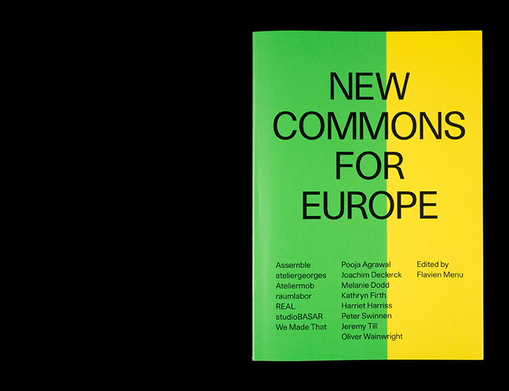 A book cover split vertically between green and yellow. Bold black text reads “NEW COMMONS FOR EUROPE”, with a list of contributors and the editor, Flavien Menu, below.