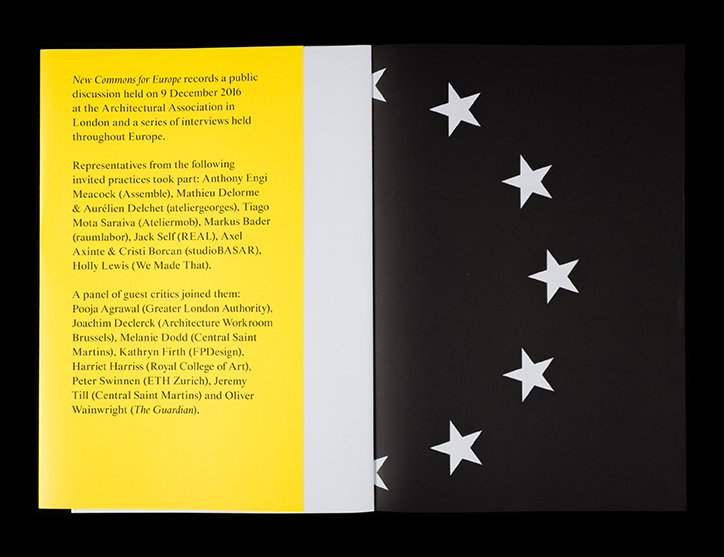 An open book with a bright yellow left page and a black right page. The yellow page contains a text introduction for “New Commons for Europe”, listing participants and guest critics. The black page features several large, white five-pointed stars.