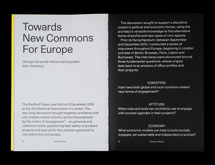 An open book shows a two-page spread. The left page features a yellow border and the title “Towards New Commons For Europe”, while the right page contains several paragraphs of text on a black background.
