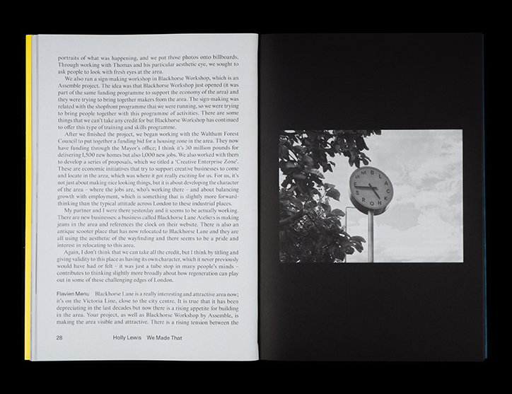 An open book shows a page of text on the left and a dark, moody photograph on the right. The image depicts a circular, stone-like structure with the words “M B R O M” carved into its surface.