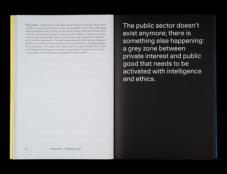 An open book shows a white left-hand page and a black right-hand page. The black page features a bold white quote: “The public sector doesn’t exist anymore; there is something else happening: a grey zone between private interest and public good that needs to be activated with intelligence and ethics.”