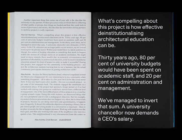 An open book shows a page of dense text on the left and a page of large, bold typography on the right. The right page reads, “What’s compelling about this project is how effective deinstitutionalising architectural education can be.”