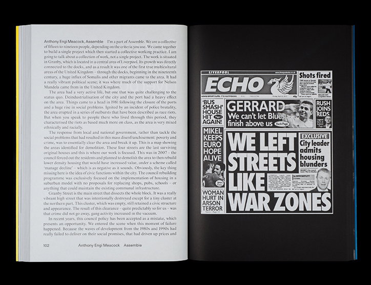 An open book shows a page of dense text opposite a collage of black and white newspaper clippings. The clippings feature bold headlines including “ECHO”, “GERRARD We can’t let Blues finish above us” and “WE LEFT LIKE WAR ZONES”.