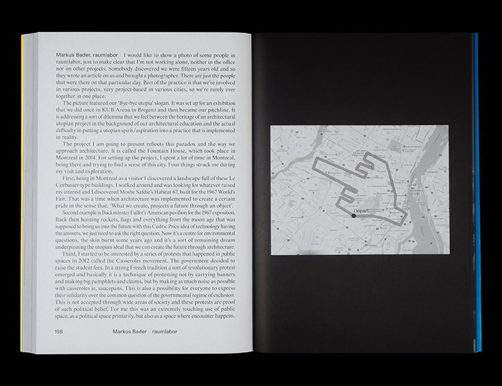 An open book shows a page of dense text on the left and a solid black page on the right. The text is a first-person account by Markus Bader of raumlabor, discussing architectural projects and utopian ideals.