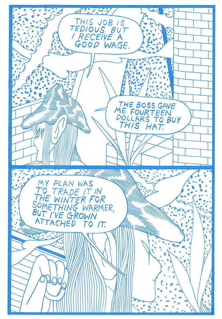 A blue line illustration of a comic strip. A person wearing a pointed hat speaks in speech bubbles about their tedious job and the “fourteen dollars” their boss gave them to buy the hat.