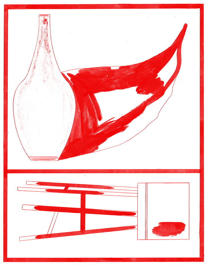 A red ink drawing divided into two panels. The top panel shows a white vase with a bold, red abstract shape sweeping across it. The bottom panel features a red linear structure resembling a chair or table frame next to a simple square outline containing a red blotch.