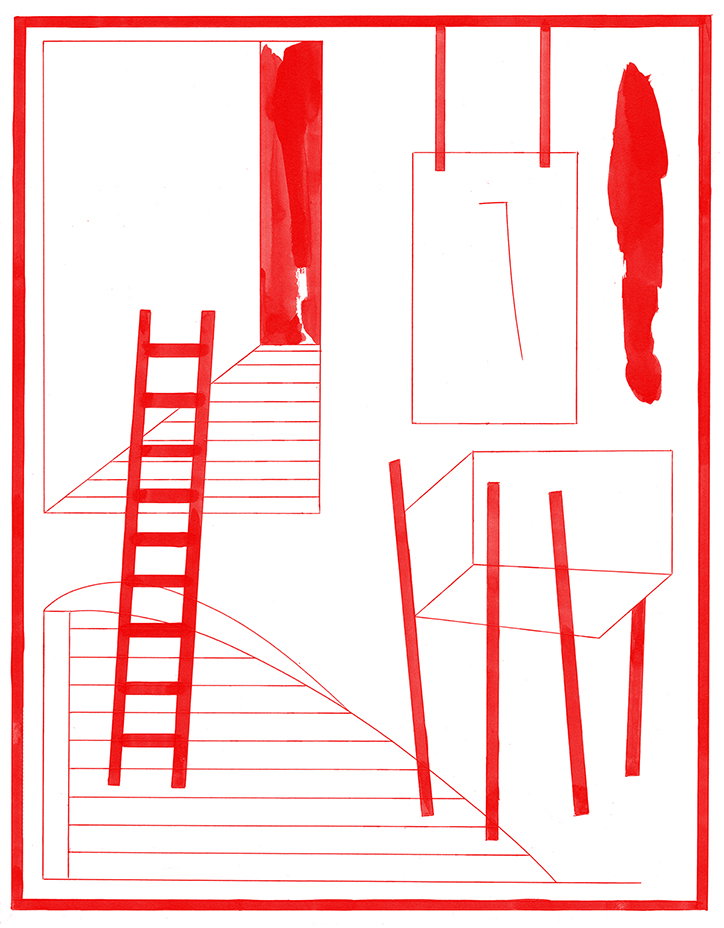 A red ink illustration on a white background featuring a series of abstract architectural elements. A tall ladder leans against a doorway, while a floating rectangular block is supported by thin vertical pillars.