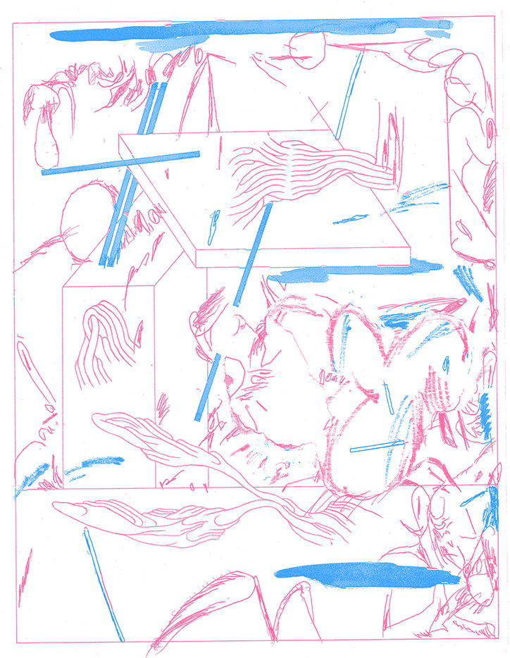 An abstract illustration using pink and blue lines on a white background. Geometric shapes and organic, flowing forms overlap in a layered, sketch-like composition.