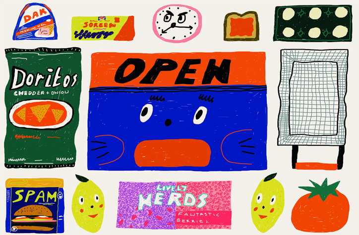 Arabella Simpson’s colourful drawings fit together like a distorted Tetris game