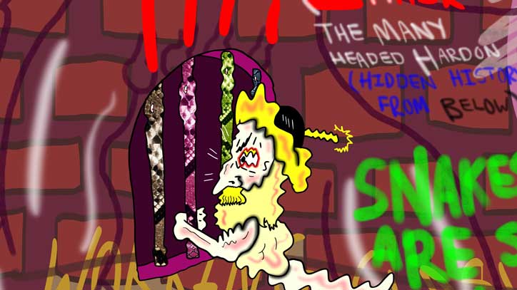 A digital illustration of a figure with a yellow hat and a white, melting face. They stand behind a purple arched gate with snake-patterned bars against a red brick wall. To the right, handwritten text reads “The Many Headed Hardon” and “Hidden History From Below”, with the word “Snake” written in large green letters below.