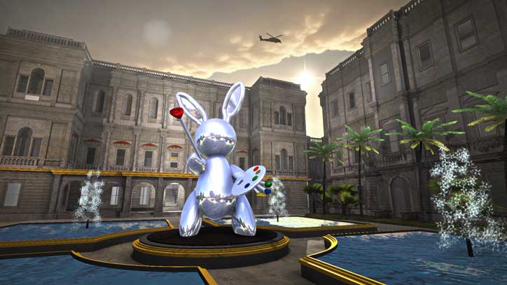 A 3D render of a shiny, chrome rabbit sculpture standing on a circular plinth. The figure holds a paintbrush and a colourful palette, posed as an artist in a courtyard between grand stone buildings.