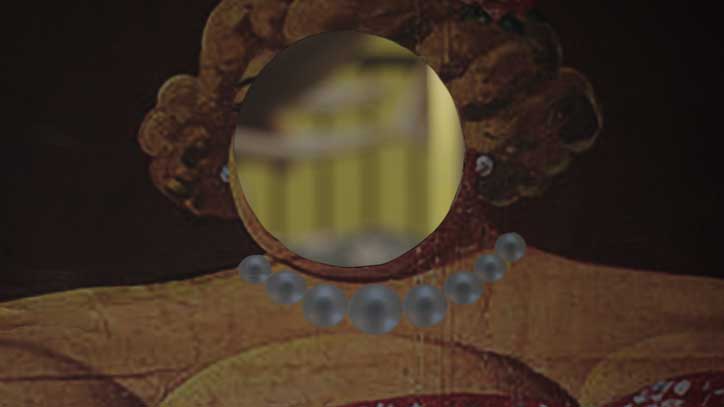 A 3D render of a circular mirror framed by an ornate, golden sculptural border. A string of pale blue pearls hangs across the bottom of the frame.