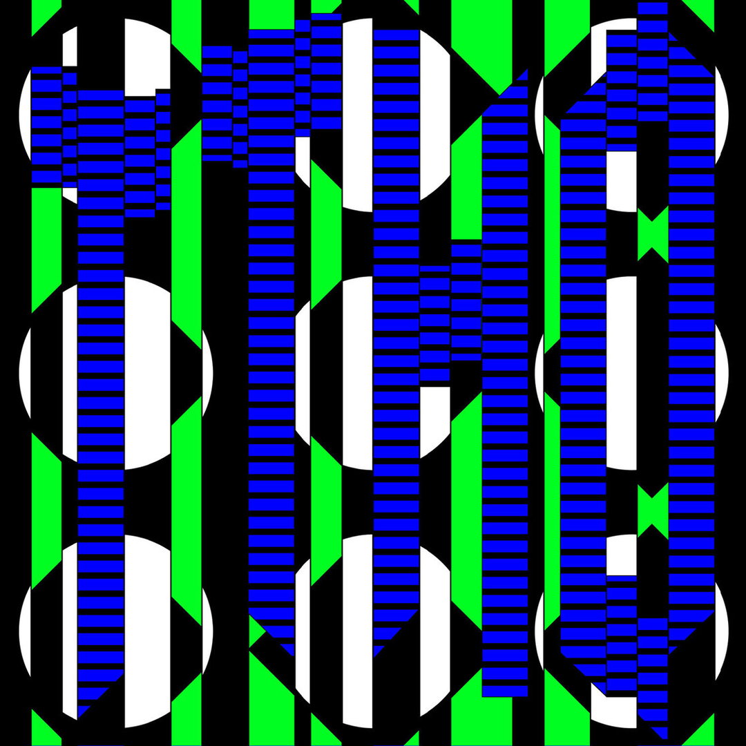 An abstract graphic illustration featuring the word “THE” in bold, blue striped lettering. The text is set against a high-contrast background of vertical green, black and white stripes with overlapping white circles.
