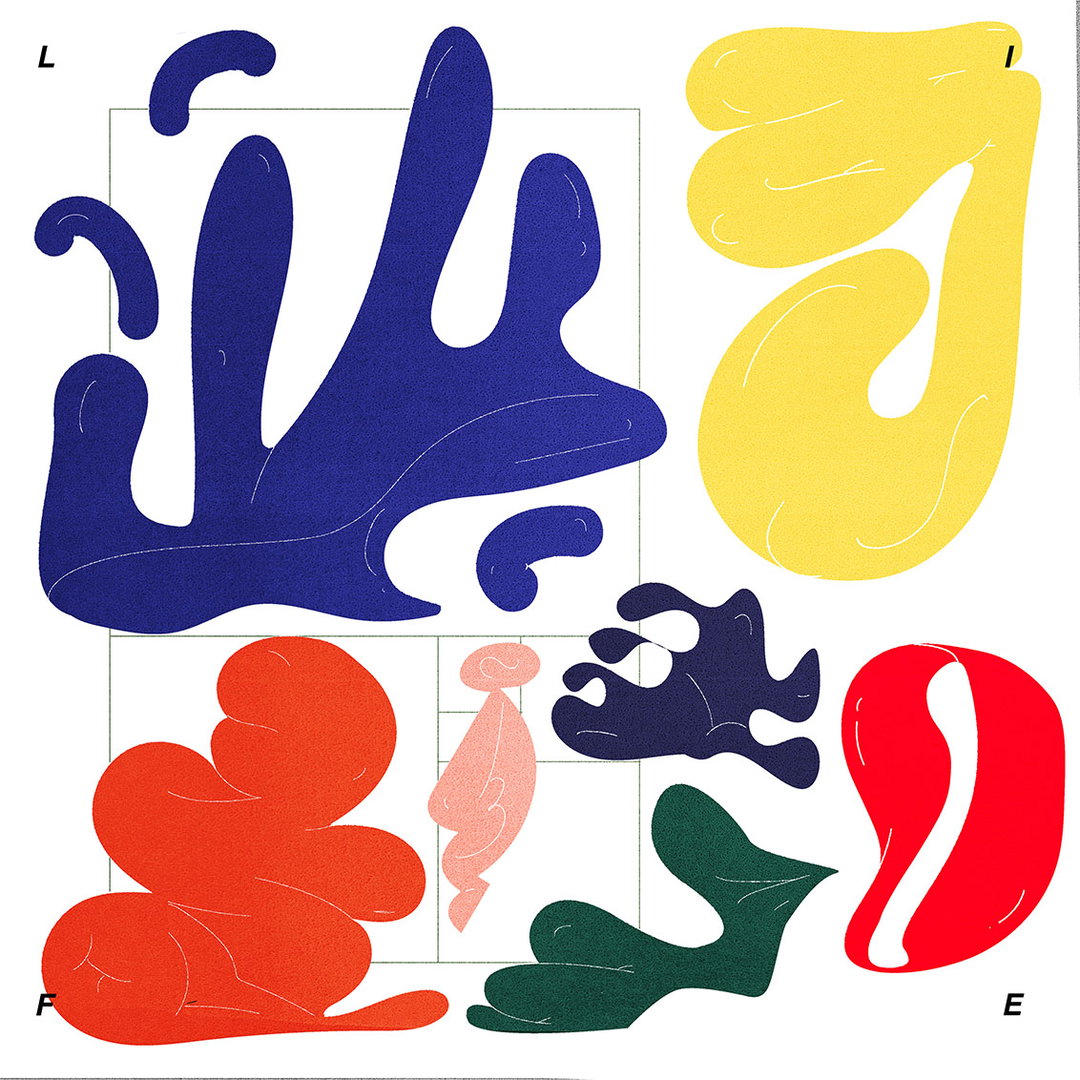 An illustration of five abstract, organic shapes in blue, yellow, red, green and purple. Each form is fluid and rounded, arranged on a white background with thin grey grid lines and the letters “L”, “I”, “F” and “E” in the corners.