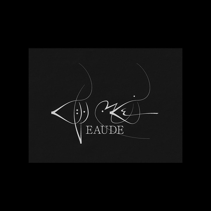A white line illustration on a black background. The abstract, flowing lines form a stylised face and the word “EAUDE” in a serif typeface.
