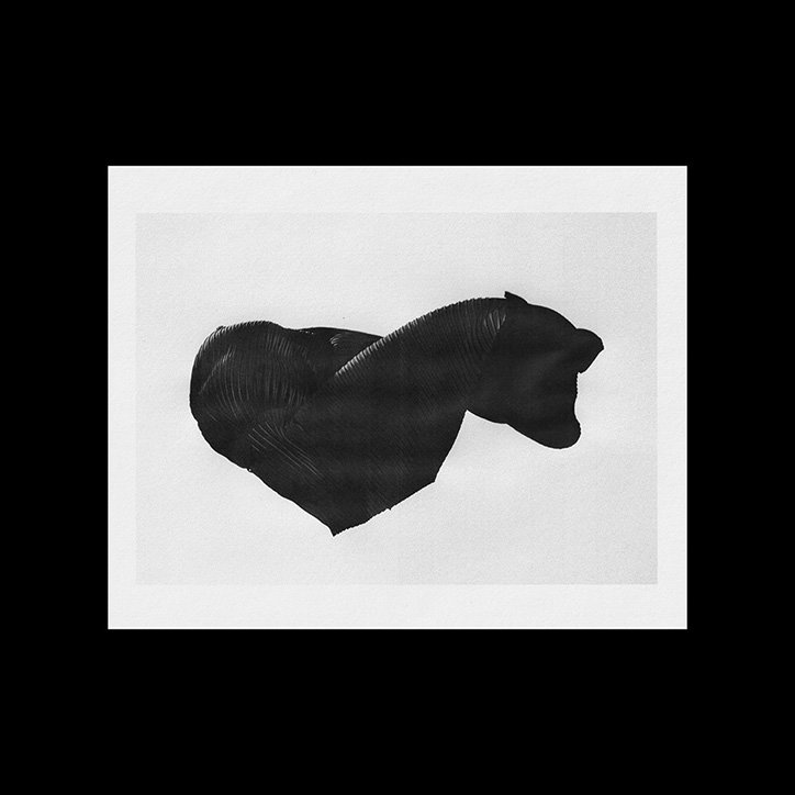 A black silhouette of a bear is centred against a pale, neutral background. The figure is rendered in a textured, painterly style with visible brushstrokes.