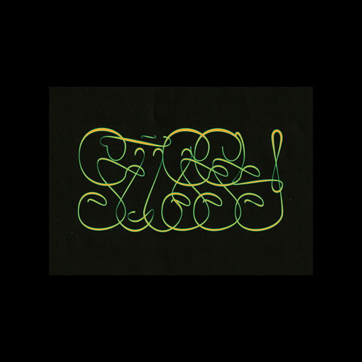 An illustration of intricate, looping calligraphy in a lime green gradient against a black background. The flowing lines overlap to create a dense, abstract typographic form.