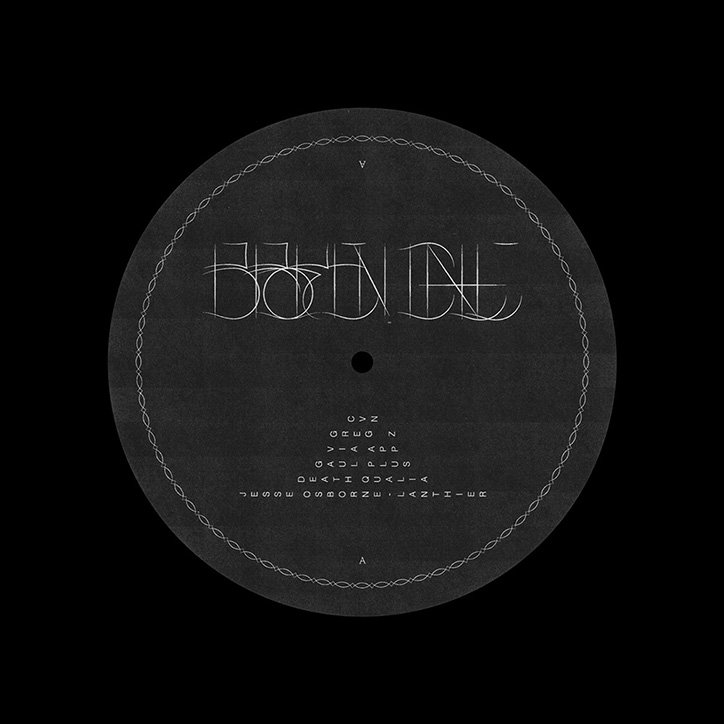 A black vinyl record label with white text and graphics. Stylised, gothic lettering across the centre is accompanied by a list of names including “Cvn”, “Gregnz” and “Jesse Osborne”.