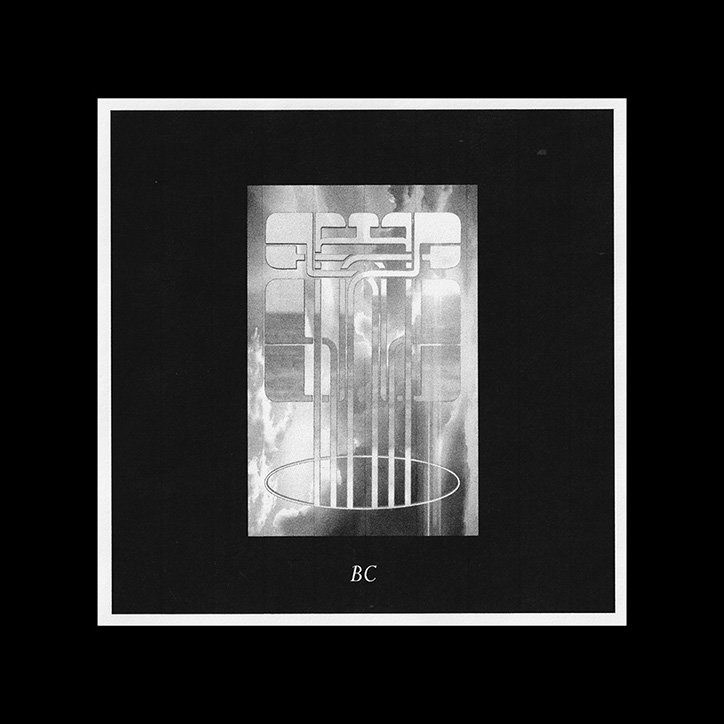 A black and white image featuring a central rectangular graphic of abstract, architectural shapes and vertical lines. Below the graphic, the letters “BC” are written in a serif font.