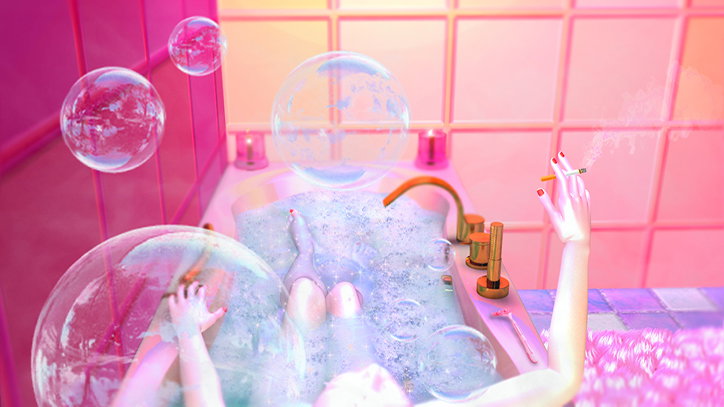 A 3D render of a person relaxing in a bubble-filled bathtub within a bright pink tiled bathroom. They hold a lit cigarette in one hand while large, iridescent bubbles float around them.