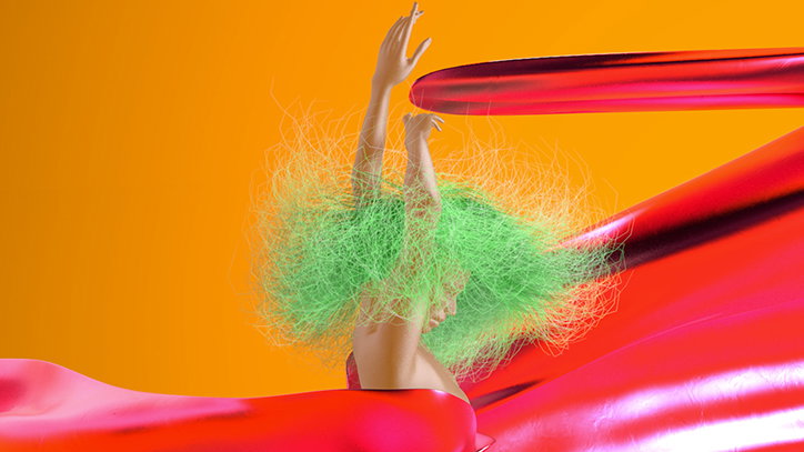 A 3D render of a figure with bright green, wiry hair reaching upwards against an orange background. They are partially obscured by flowing, metallic red shapes.