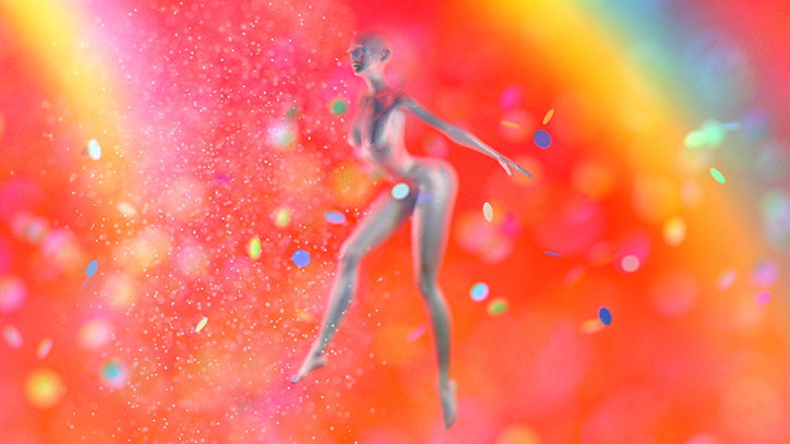 A 3D render of a translucent, silver figure floating in a vibrant, multi-coloured space. They are surrounded by shimmering particles and floating confetti against a blurred rainbow backdrop.