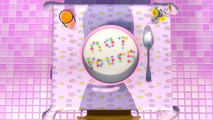 A 3D render of a breakfast table from a top-down perspective. A bowl of white cereal contains colourful loops arranged to spell “GOOD MORNING”, set on a purple patterned tablecloth with a glass of orange juice and a spoon.