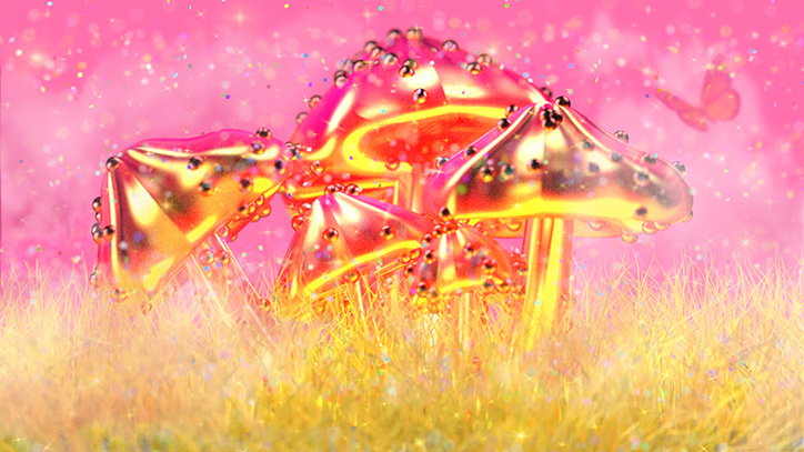 A 3D render of a cluster of glossy, metallic mushrooms in shades of pink and gold. They sit in a field of shimmering yellow grass against a soft pink background with a small butterfly.