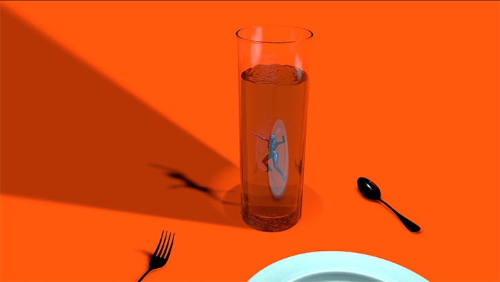 A 3D render of a tall glass filled with orange liquid, set against a matching orange background. A small blue figure is trapped inside the glass, pressed against the side. A black fork and spoon lie beside a white plate in the foreground.