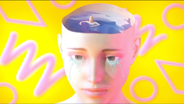 A 3D render of a pale, expressionless face against a bright yellow background with pink geometric shapes. The top of the head is open, revealing a small figure swimming in a pool of purple water.