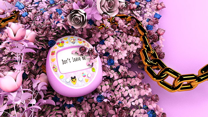 A 3D render of a pink Tamagotchi nestled in a bed of purple and pink roses. The device screen reads “Don’t leave me”, and a heavy gold chain winds through the flowers.