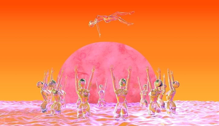 A 3D render of iridescent, translucent figures in a surreal orange and pink landscape. One figure floats horizontally in the air above a group of others who stand with their arms raised towards a large pink sun.