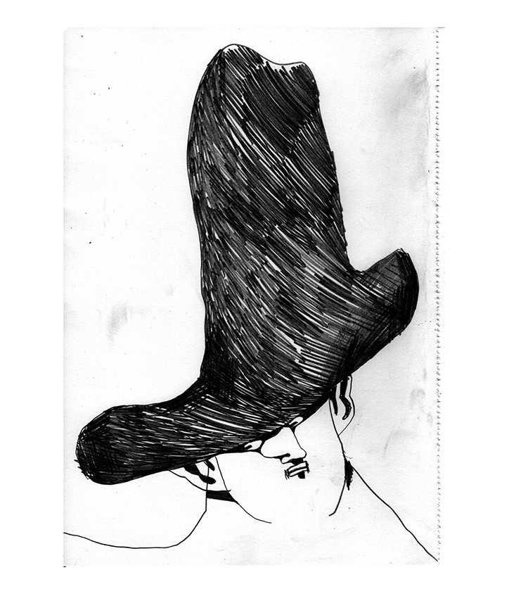 A black and white ink drawing of a person wearing an oversized, tall hat. The hat is rendered with dense, diagonal hatching, casting a deep shadow over the person’s face.