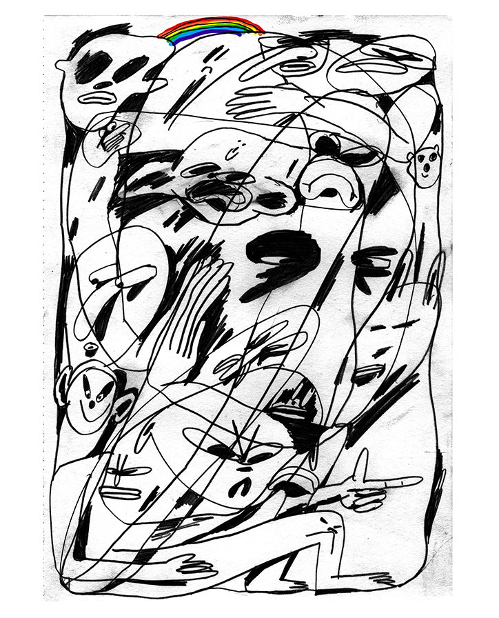 A black and white ink drawing of a chaotic, overlapping composition of faces and figures. A small, colourful rainbow arcs across the top edge of the frame.