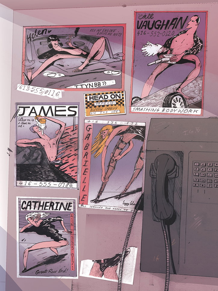 An illustration of a grey public telephone on a wall surrounded by several pin-up style advertisements. The posters feature stylised figures and text such as “call Vaughan”, “James” and “Catherine”, alongside phone numbers and suggestive slogans.