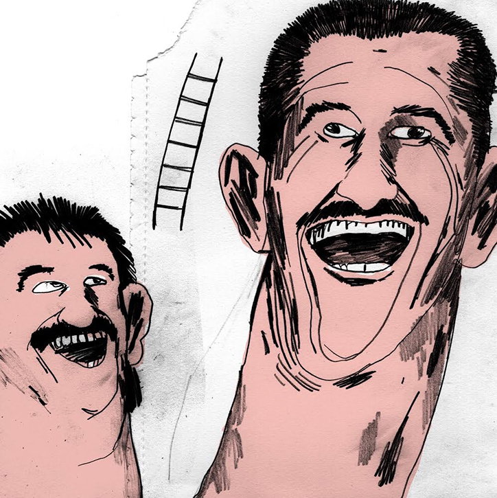 An illustration of two smiling figures with exaggerated features and wide, toothy grins. A small, simple ladder leans against a white background between them.