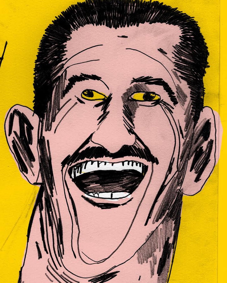 An illustration of a person with a wide, open-mouthed grin and a dark moustache. They have short black hair and glowing yellow eyes, set against a bright yellow background.