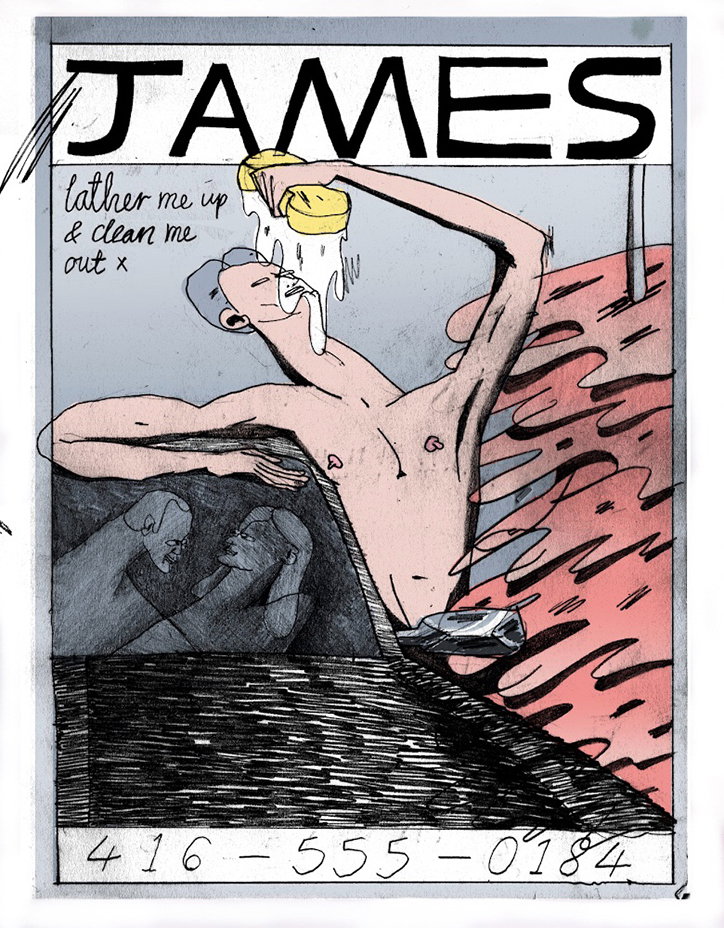 An illustration of a person in a bath, squeezing a yellow sponge over their face. Above them, bold text reads “JAMES” and a handwritten note says “lather me up & clean me out x”. The figure is reflected in a dark surface below, where two greyed-out versions of them appear. A phone number, “416–555–0184”, is written across the bottom.