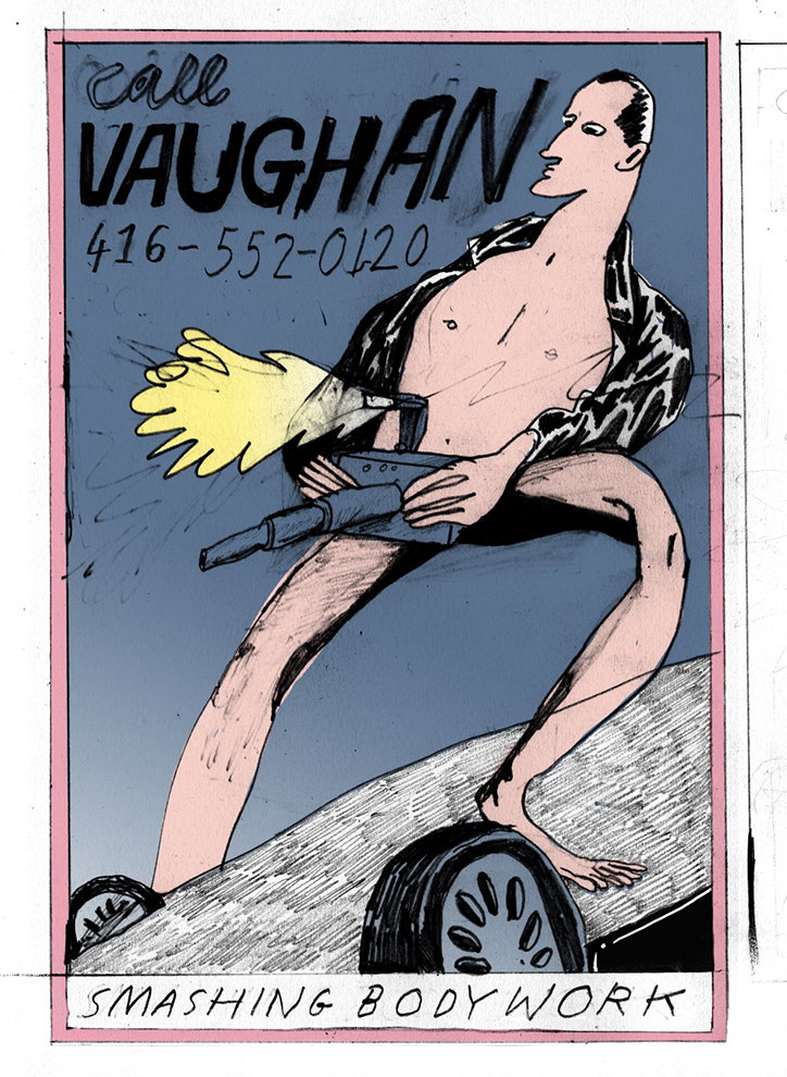 An illustration of a person with an open shirt holding a blowtorch that emits a bright yellow flame. They stand over the bonnet of a car against a blue background. Text above reads “call VAUGHAN” and a phone number, while the bottom reads “SMASHING BODYWORK”.